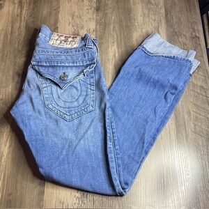 True Religion Medium Blue Cuffed Denim Straight Leg Jeans